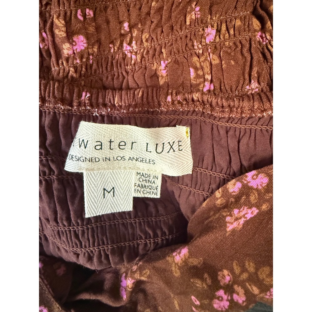 Saltwater Luxe Brown Pink Floral Smocked Puff Sleeve Crop Top Tie Front Medium - Picture 7 of 9